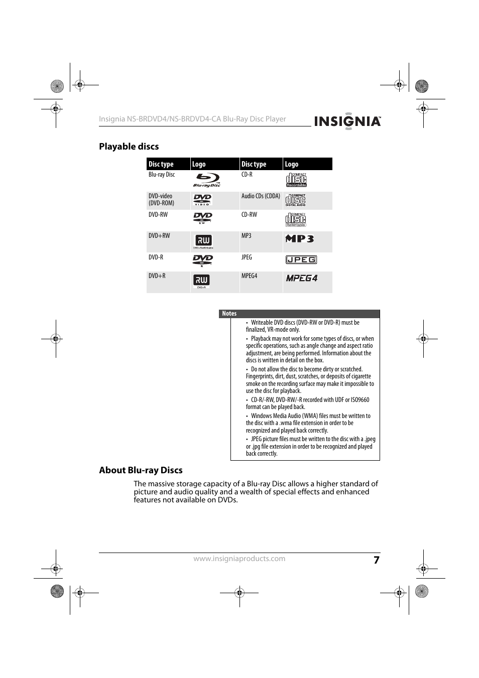 Playable discs, About blu-ray discs, Playable discs about blu-ray discs | Insignia NS-BRDVD4-CA User Manual | Page 7 / 73