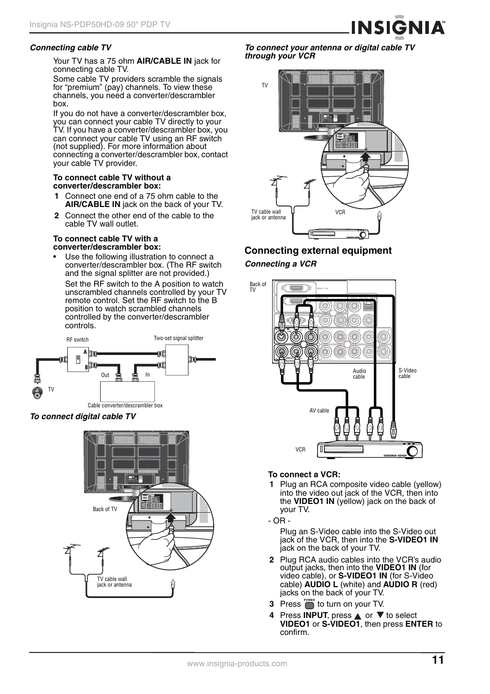 Connecting cable tv, To connect digital cable tv, Connecting external equipment | Connecting a vcr | Insignia NS-PDP50HD-09 User Manual | Page 11 / 92