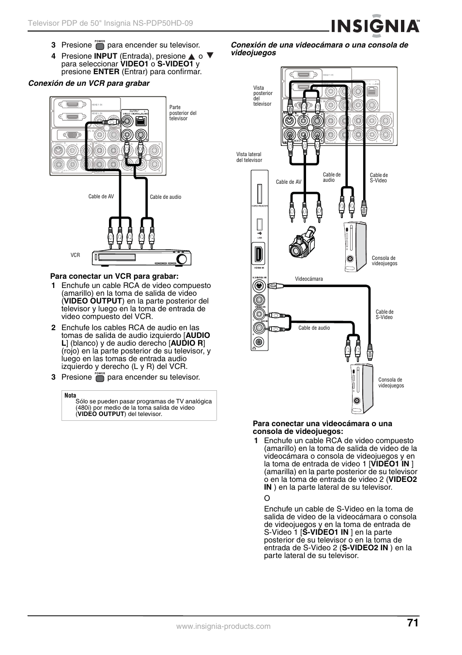 Conexión de un vcr para grabar | Insignia NS-PDP50HD-09 User Manual | Page 71 / 92