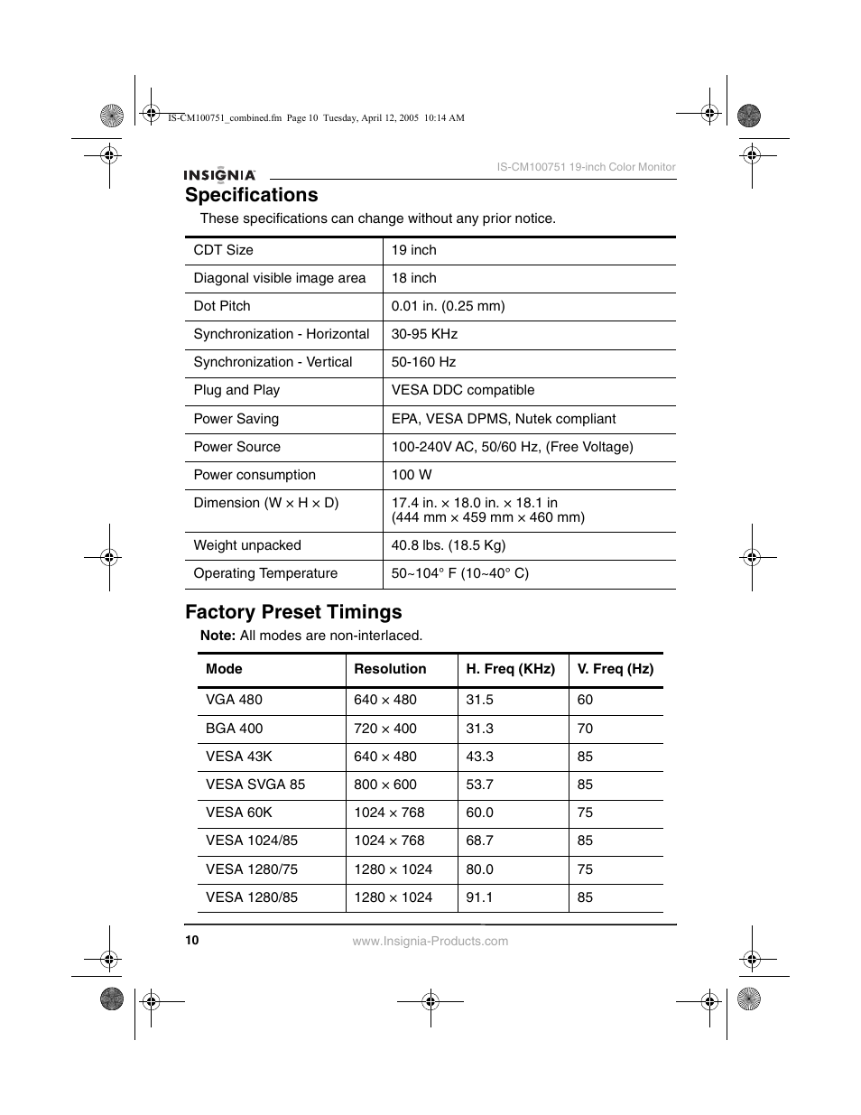 Specifications, Factory preset timings | Insignia IS-CM100751 User Manual | Page 12 / 40