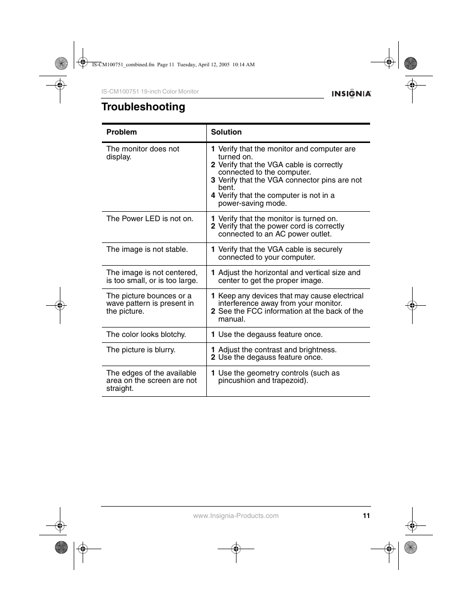 Troubleshooting | Insignia IS-CM100751 User Manual | Page 13 / 40