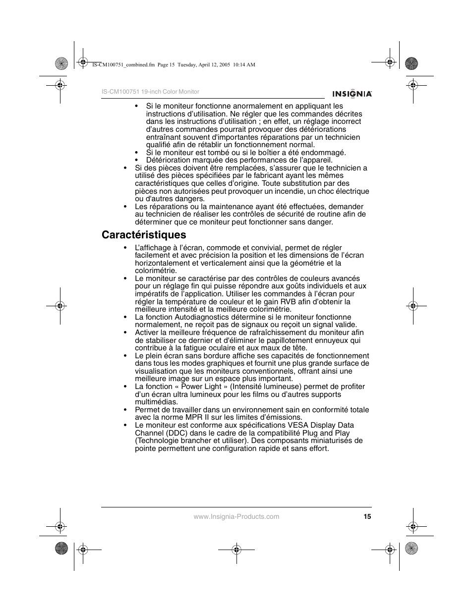 Caractéristiques | Insignia IS-CM100751 User Manual | Page 17 / 40