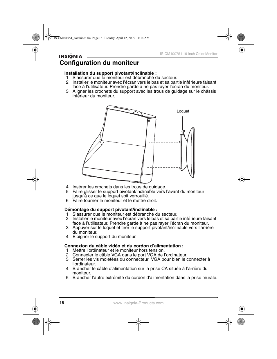 Configuration du moniteur | Insignia IS-CM100751 User Manual | Page 18 / 40