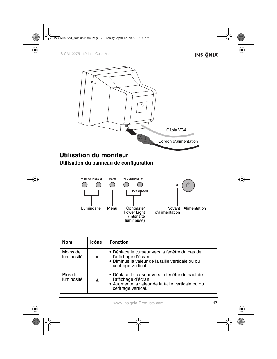 Utilisation du moniteur | Insignia IS-CM100751 User Manual | Page 19 / 40
