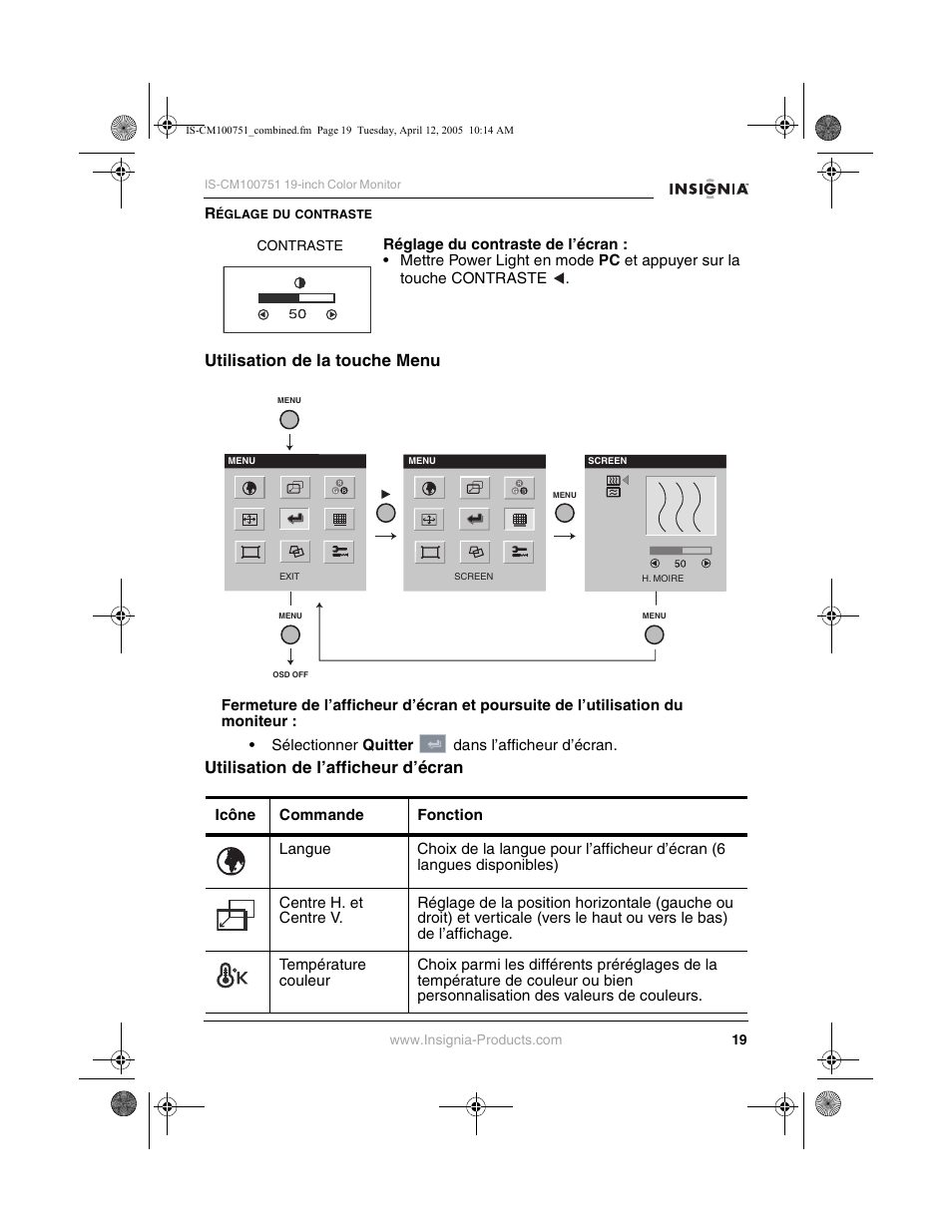 Utilisation de la touche menu, Utilisation de l’afficheur d’écran | Insignia IS-CM100751 User Manual | Page 21 / 40