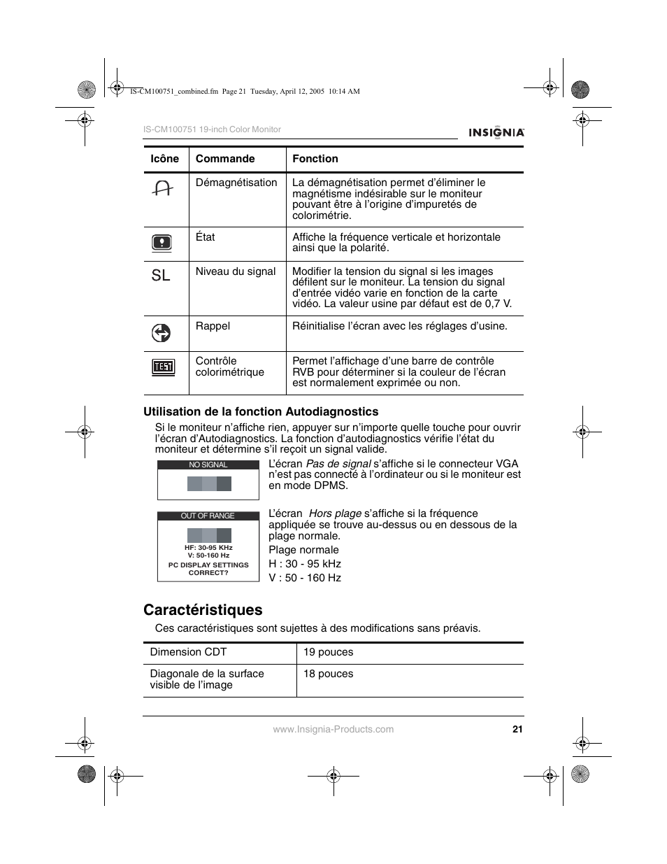 Caractéristiques | Insignia IS-CM100751 User Manual | Page 23 / 40