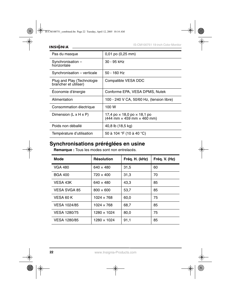Synchronisations préréglées en usine | Insignia IS-CM100751 User Manual | Page 24 / 40