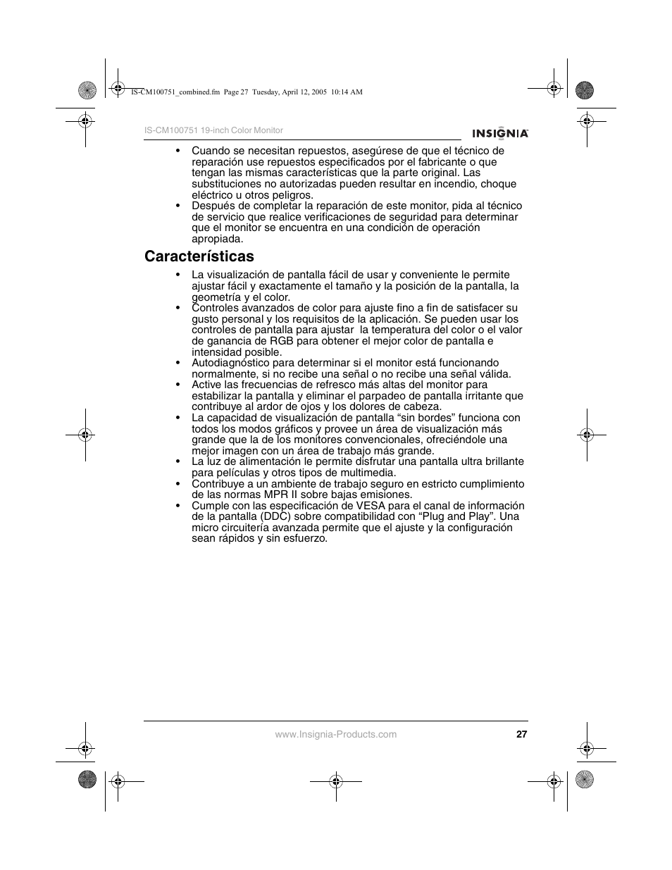 Características | Insignia IS-CM100751 User Manual | Page 29 / 40