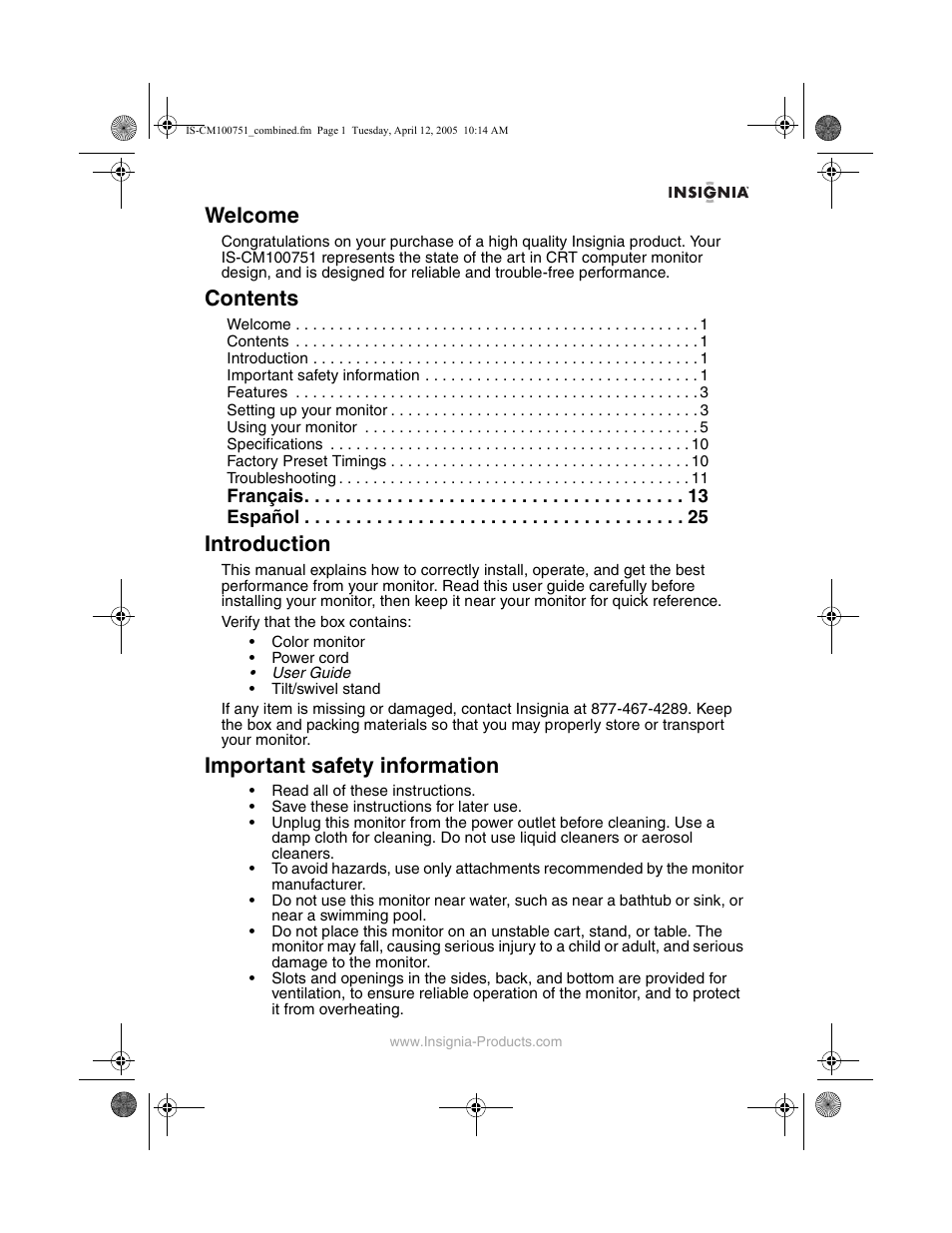 Insignia IS-CM100751 User Manual | Page 3 / 40