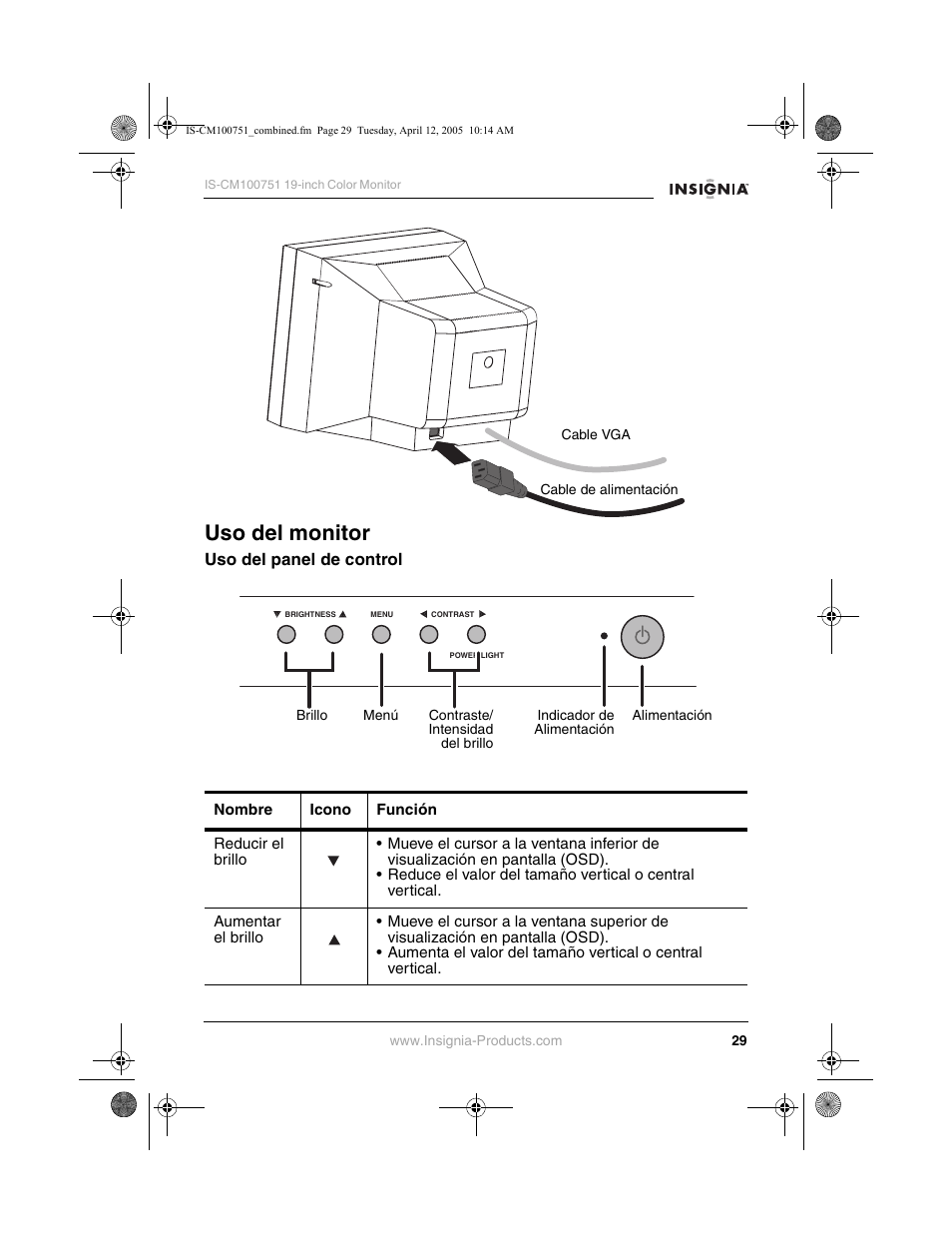 Uso del monitor | Insignia IS-CM100751 User Manual | Page 31 / 40