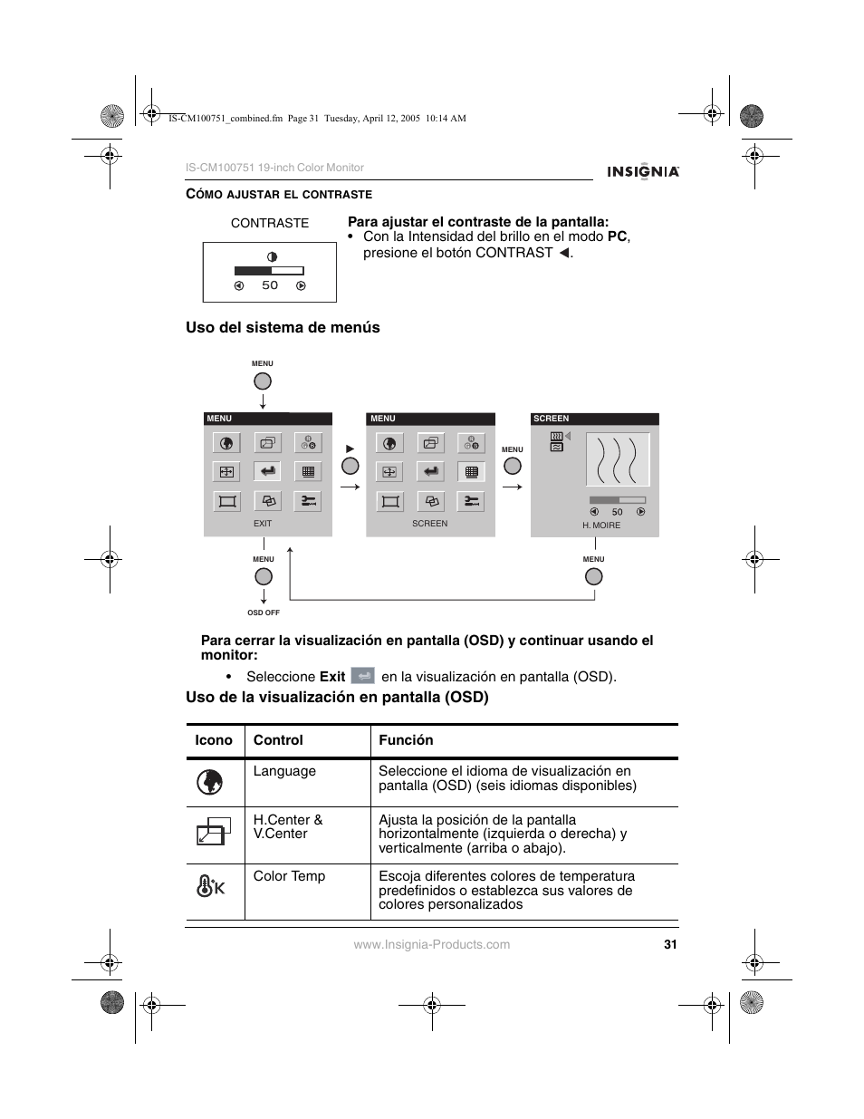 Uso del sistema de menús, Uso de la visualización en pantalla (osd) | Insignia IS-CM100751 User Manual | Page 33 / 40