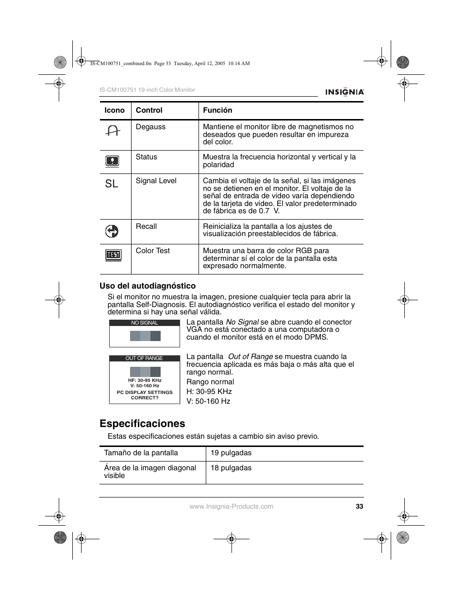 Especificaciones | Insignia IS-CM100751 User Manual | Page 35 / 40