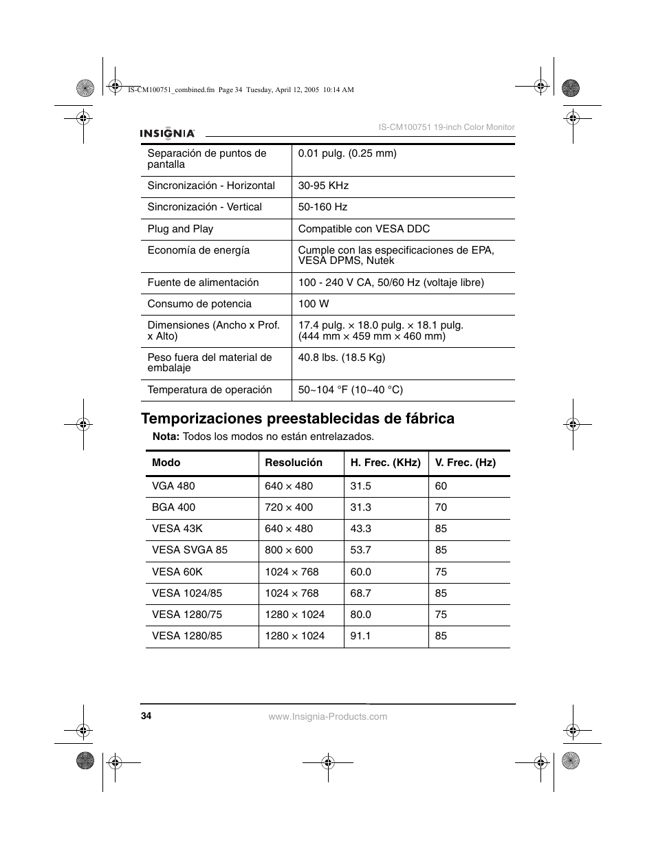 Temporizaciones preestablecidas de fábrica | Insignia IS-CM100751 User Manual | Page 36 / 40