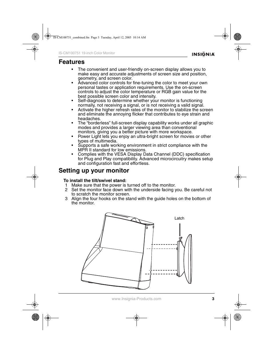 Features, Setting up your monitor | Insignia IS-CM100751 User Manual | Page 5 / 40