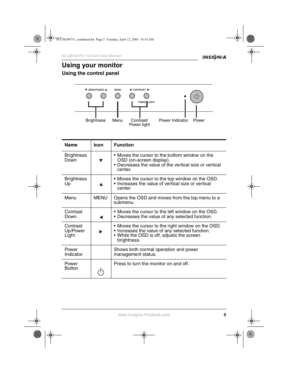 Using your monitor | Insignia IS-CM100751 User Manual | Page 7 / 40