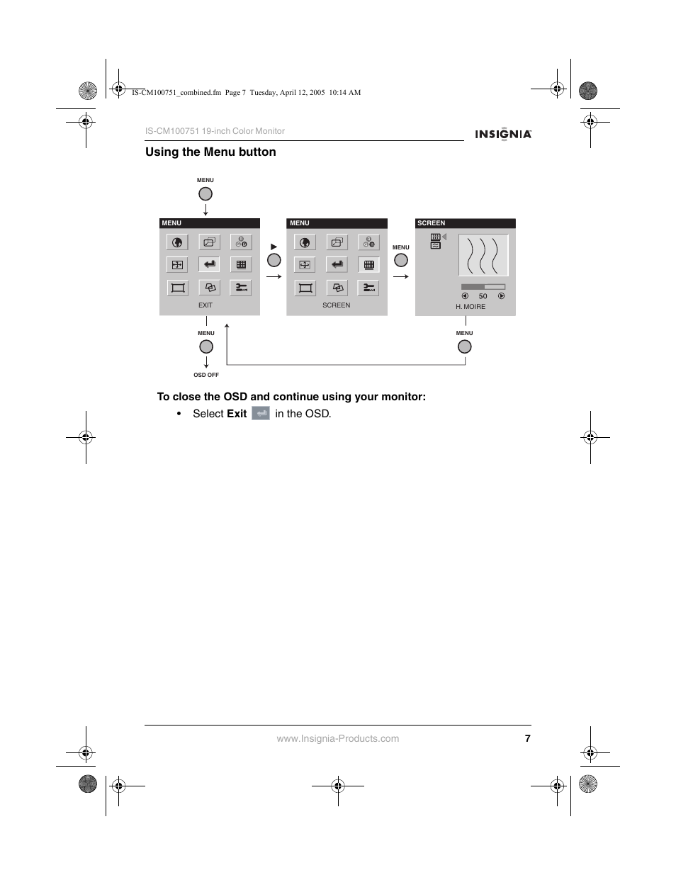 Using the menu button | Insignia IS-CM100751 User Manual | Page 9 / 40