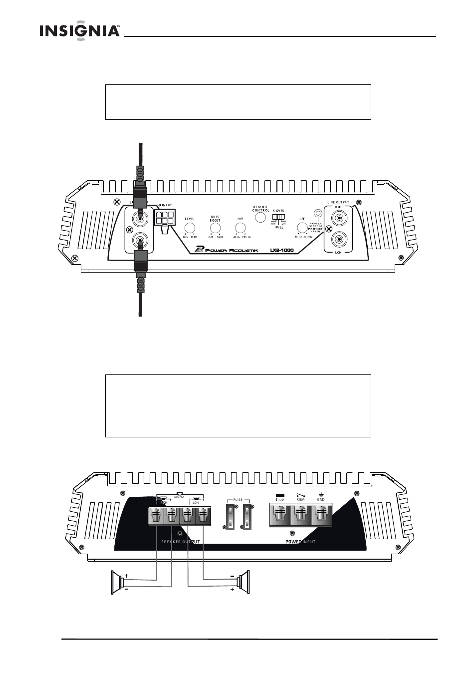 Conexión de las entradas de nivel bajo (rca), Conexión de los altavoces, Conexiones del modo estéreo | Canal izquierdo (negro) canal derecho (negro) | Insignia NS-A1000 User Manual | Page 42 / 52