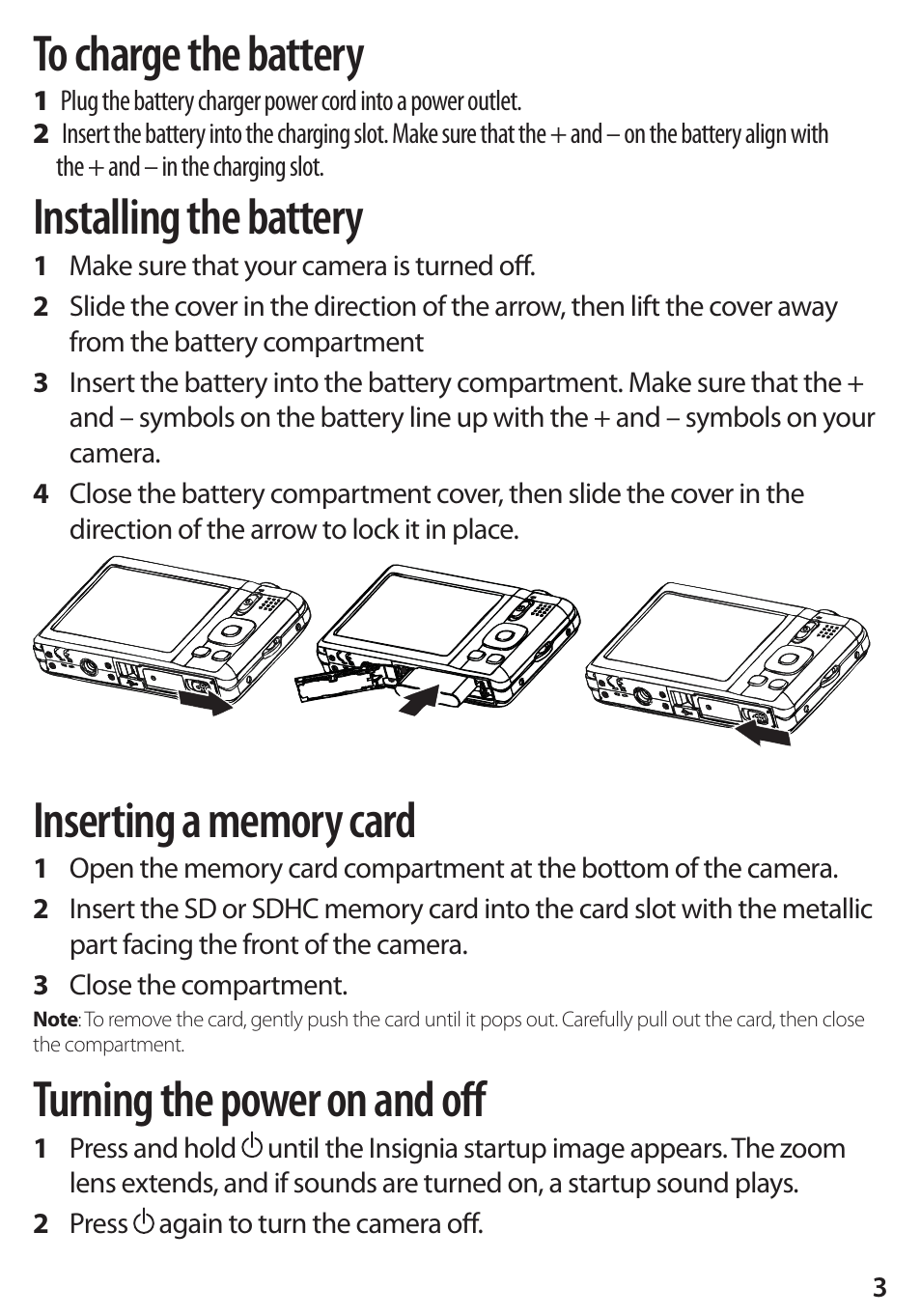 Installing the battery, Turning the power on and off | Insignia DSC1112SL-CN User Manual | Page 3 / 8