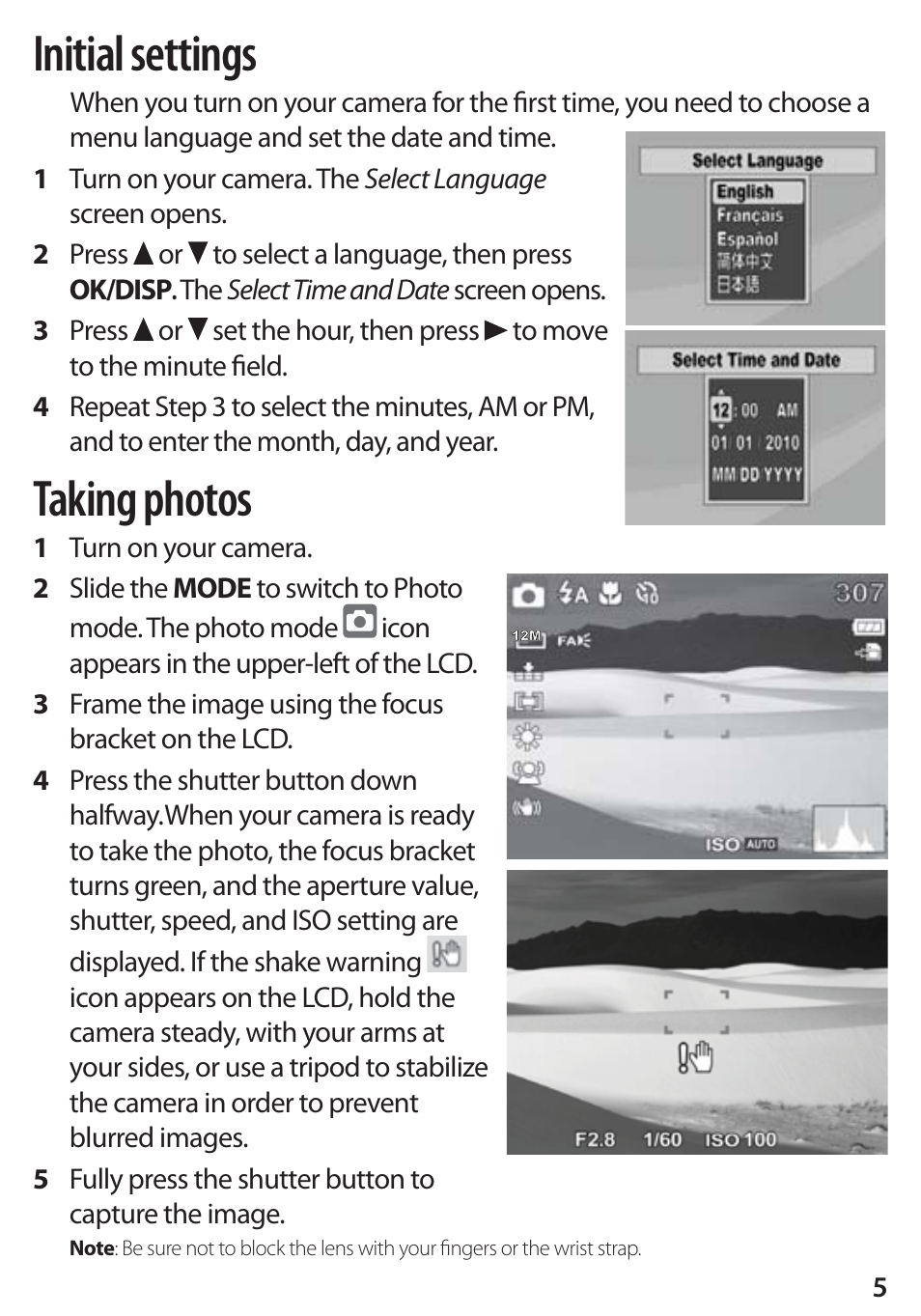 Initial settings, Taking photos | Insignia DSC1112SL-CN User Manual | Page 5 / 8