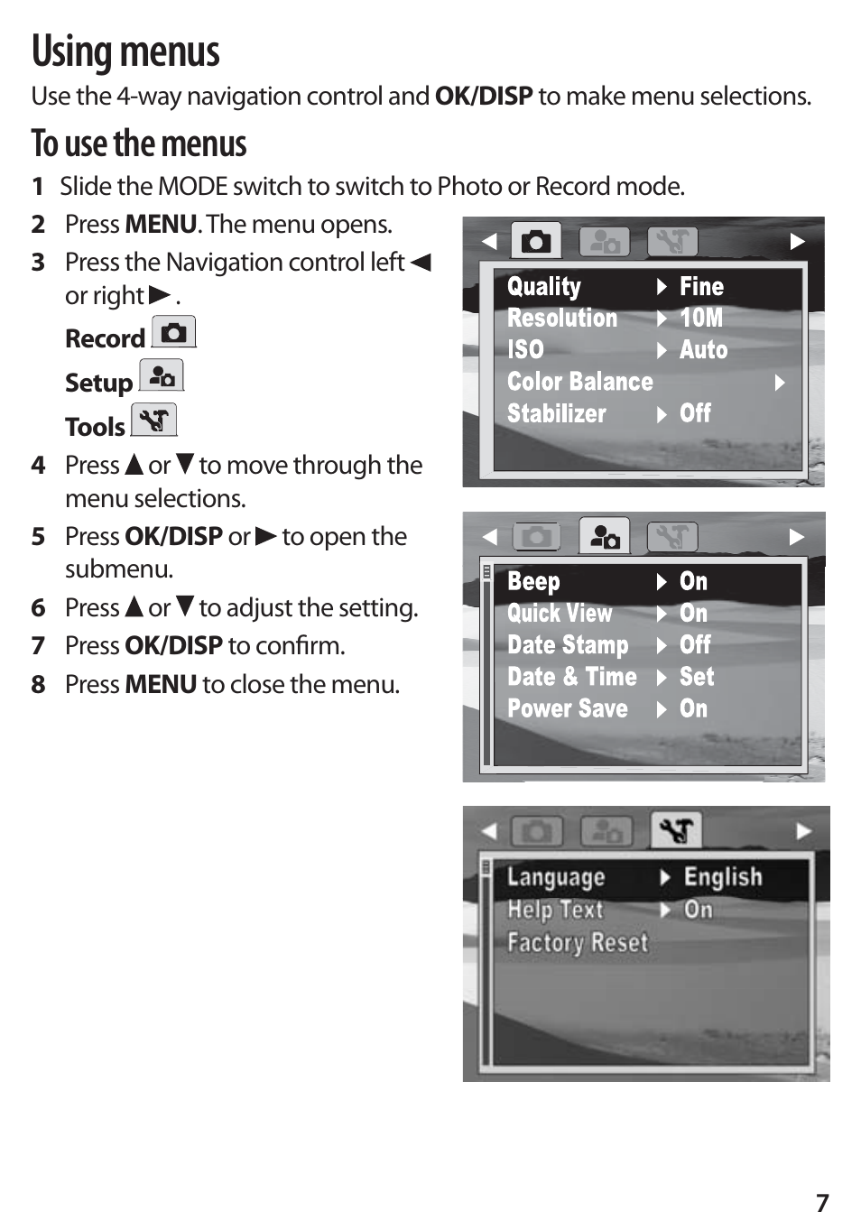 Using menus | Insignia DSC1112SL-CN User Manual | Page 7 / 8