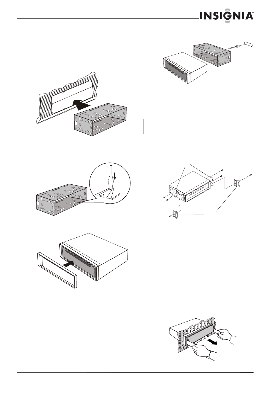 Installing your car cd deck, Installation method 1 - din front mount, Installation method 2 - screw mount | Removing the cd deck (din installation) | Insignia NS-C4113 User Manual | Page 7 / 16