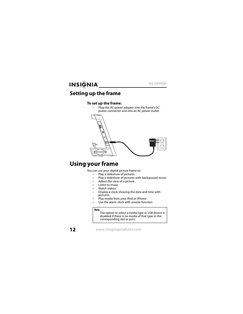 Setting up the frame, Using your frame | Insignia NS-DPF8IP User Manual | Page 12 / 56