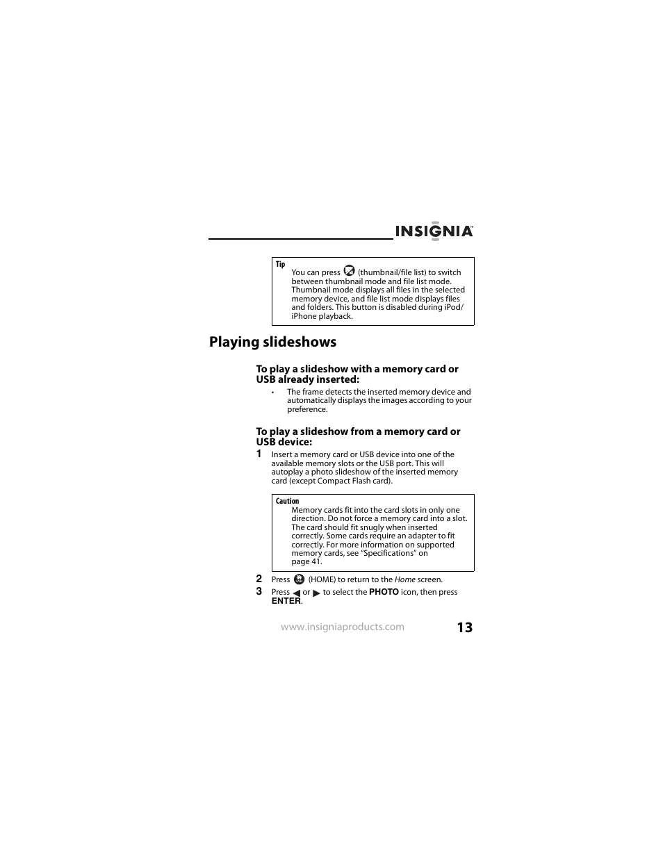 Playing slideshows | Insignia NS-DPF8IP User Manual | Page 13 / 56