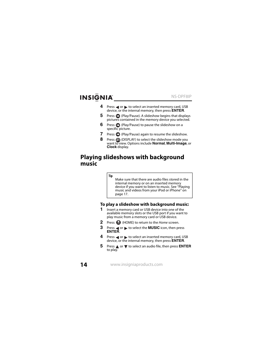 Playing slideshows with background music | Insignia NS-DPF8IP User Manual | Page 14 / 56