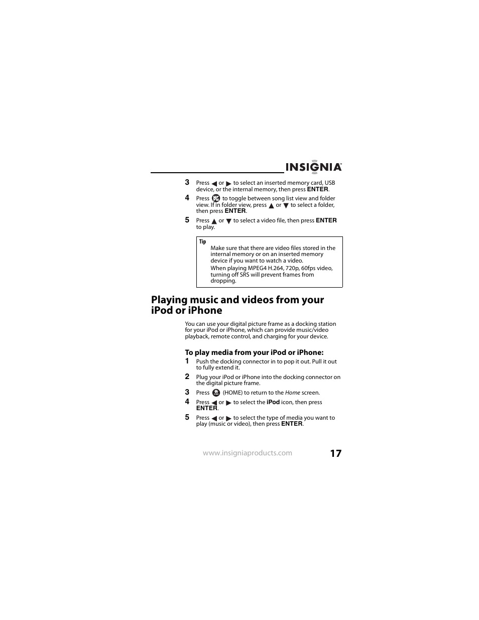 Playing music and videos from your ipod or iphone | Insignia NS-DPF8IP User Manual | Page 17 / 56