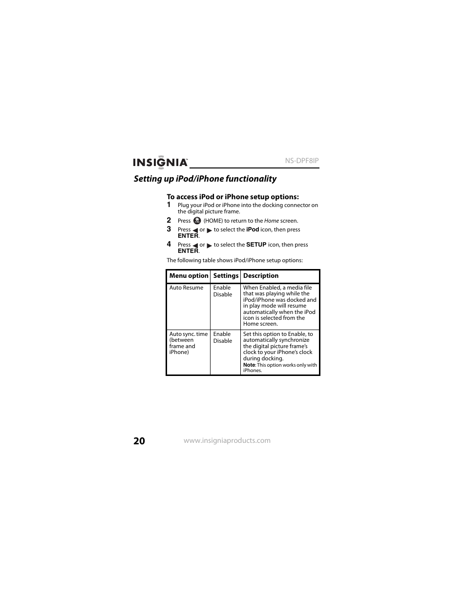 Setting up ipod/iphone functionality | Insignia NS-DPF8IP User Manual | Page 20 / 56