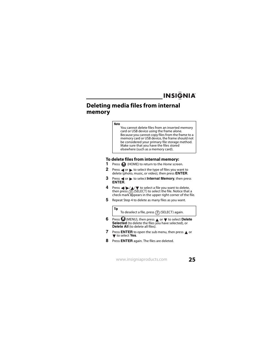 Deleting media files from internal memory | Insignia NS-DPF8IP User Manual | Page 25 / 56