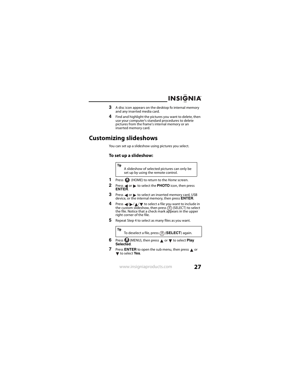 Customizing slideshows | Insignia NS-DPF8IP User Manual | Page 27 / 56