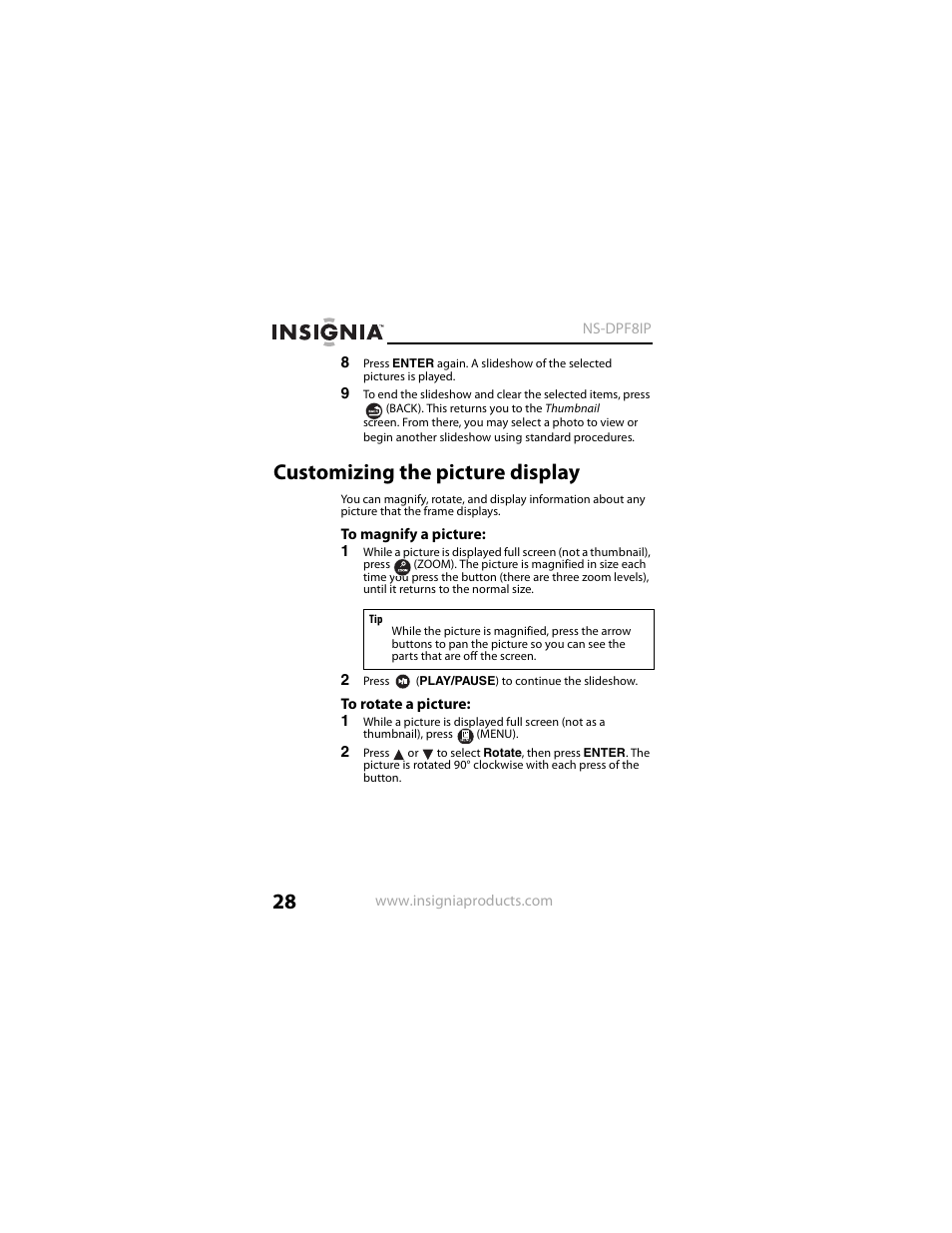 Customizing the picture display | Insignia NS-DPF8IP User Manual | Page 28 / 56