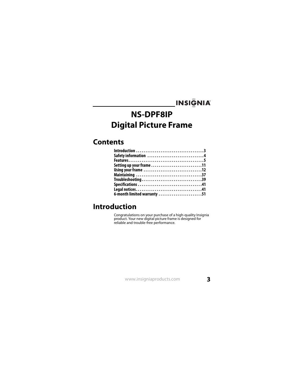 Insignia NS-DPF8IP User Manual | Page 3 / 56