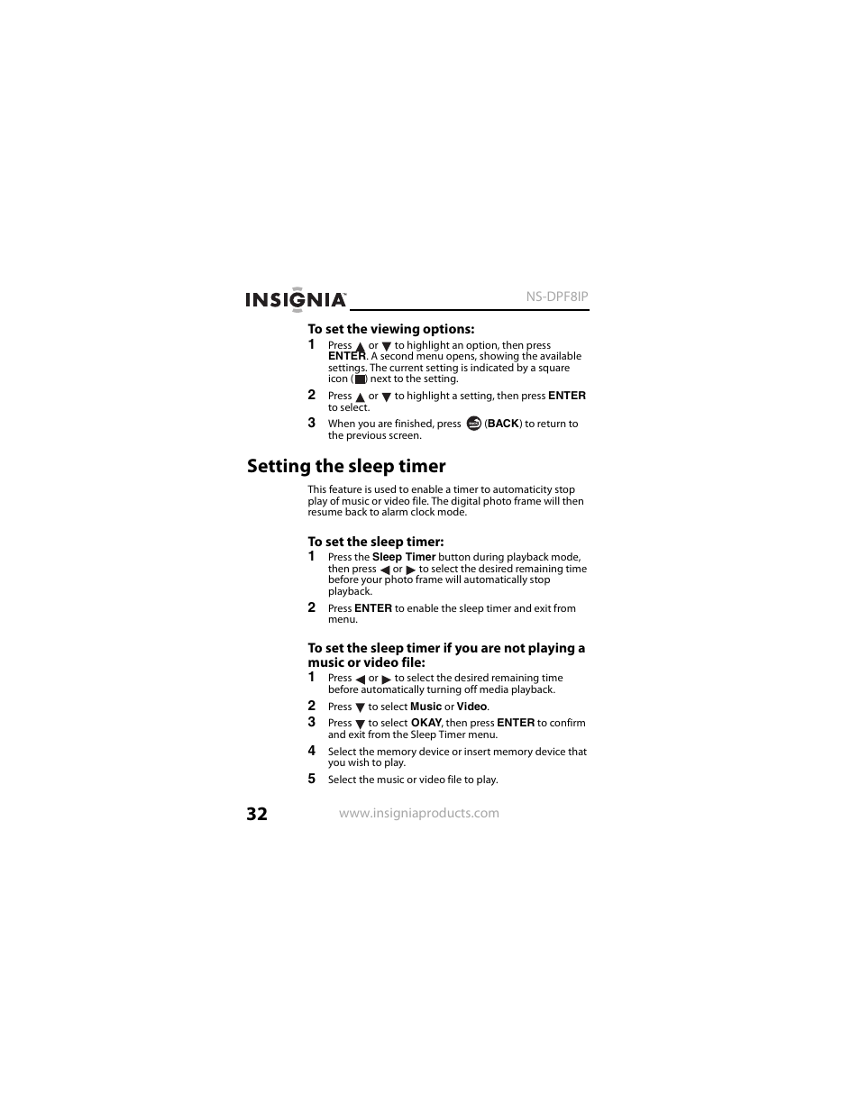 Setting the sleep timer | Insignia NS-DPF8IP User Manual | Page 32 / 56