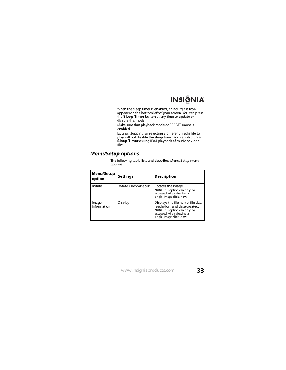 Menu/setup options | Insignia NS-DPF8IP User Manual | Page 33 / 56