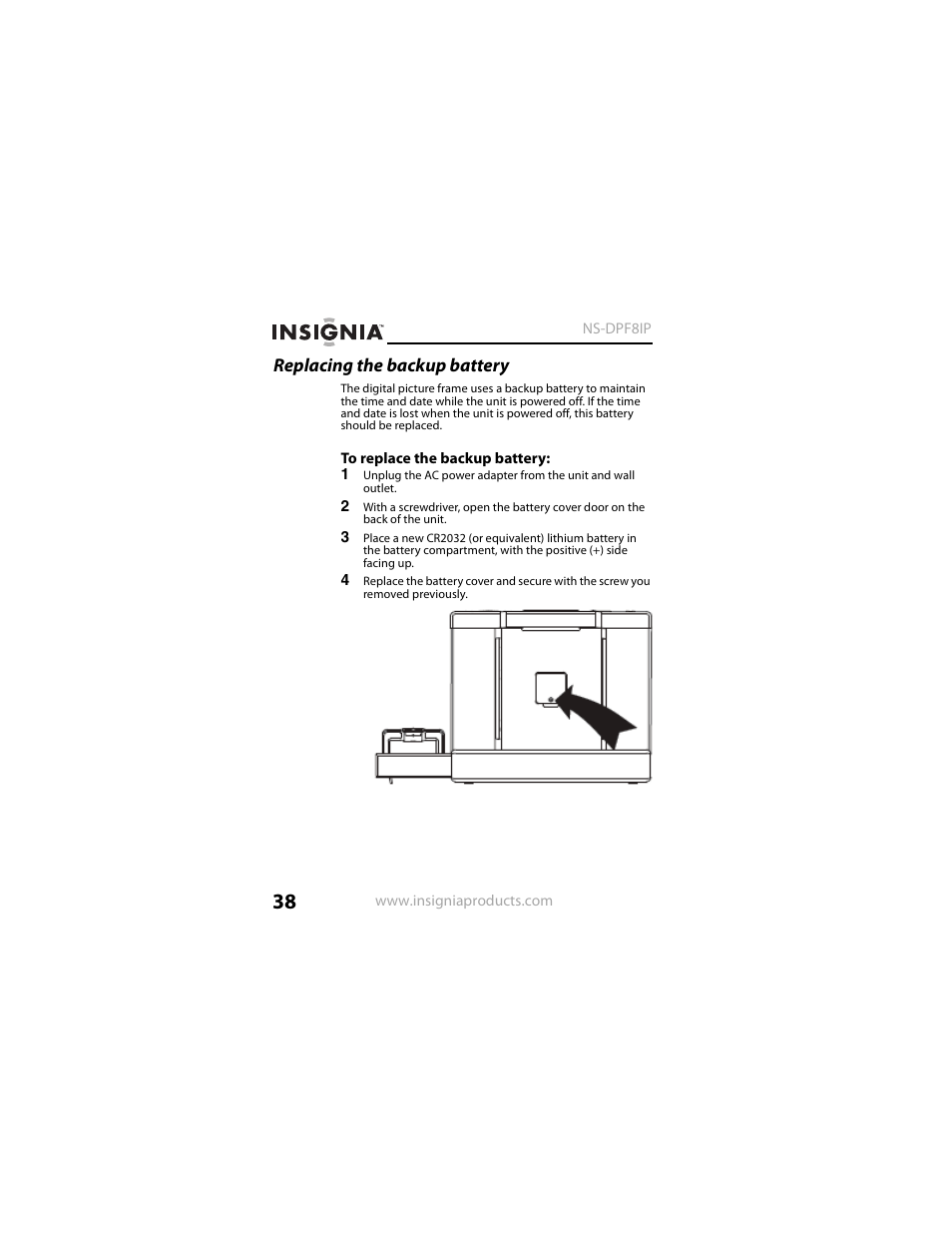 Replacing the backup battery | Insignia NS-DPF8IP User Manual | Page 38 / 56