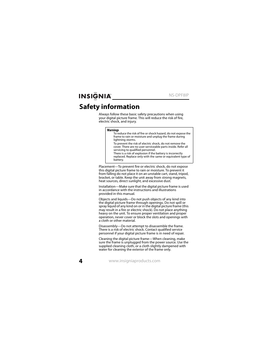 Safety information | Insignia NS-DPF8IP User Manual | Page 4 / 56