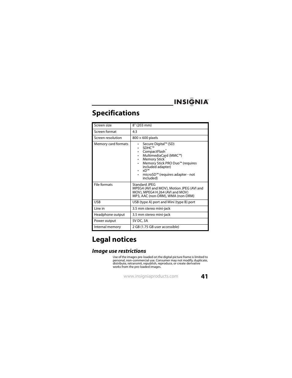 Specifications, Legal notices, Image use restrictions | Specifications legal notices | Insignia NS-DPF8IP User Manual | Page 41 / 56