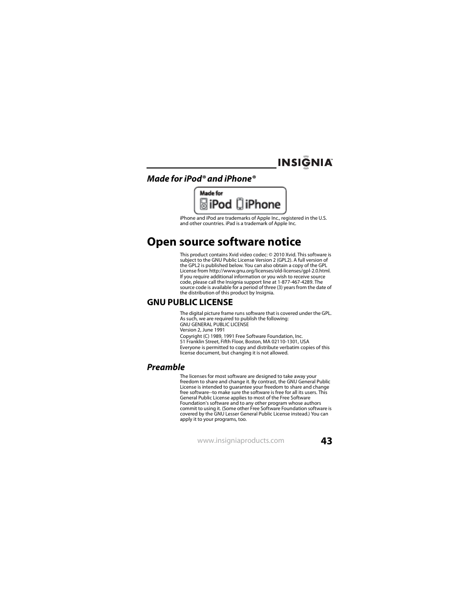 Made for ipod® and iphone, Open source software notice, Preamble | Insignia NS-DPF8IP User Manual | Page 43 / 56