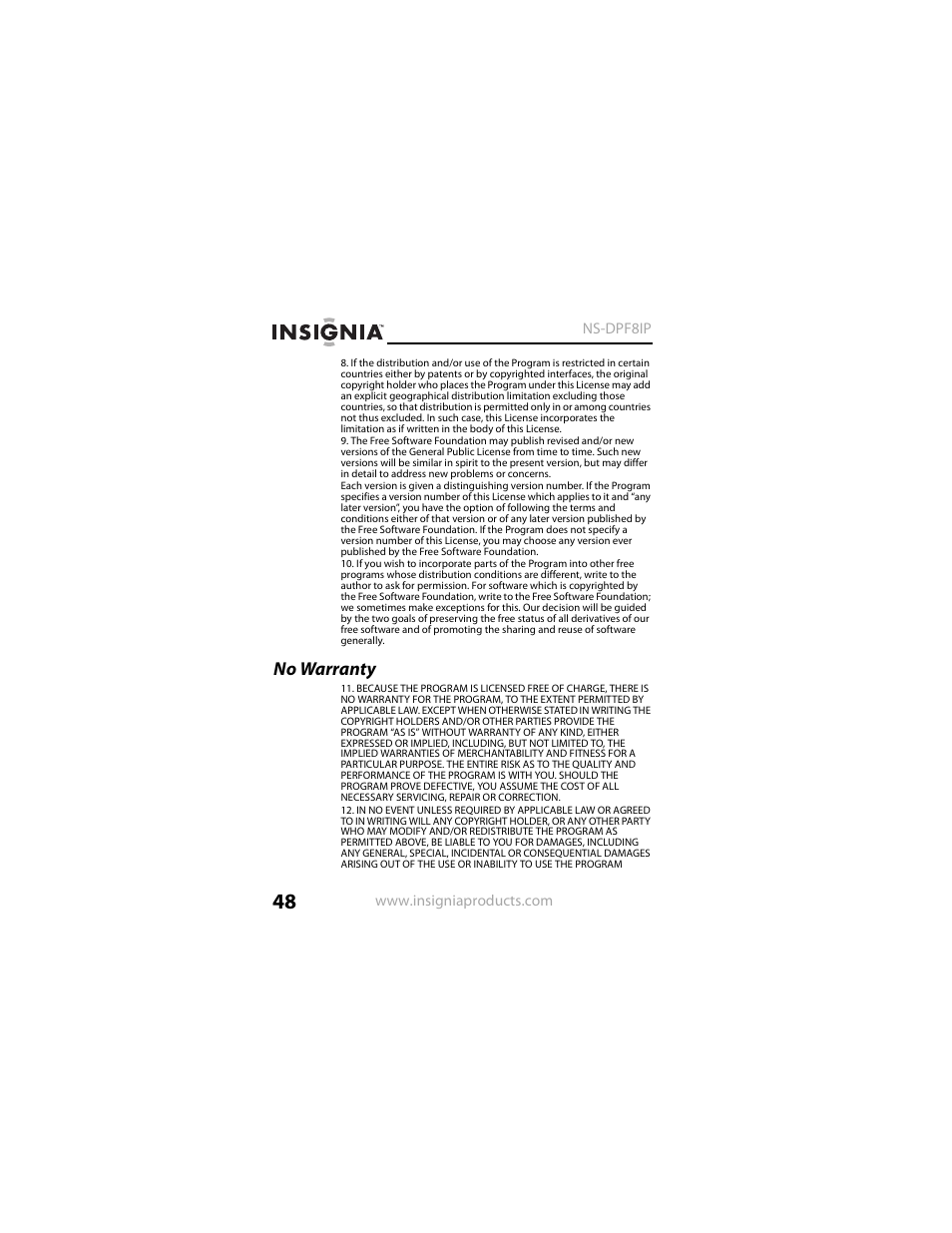 No warranty | Insignia NS-DPF8IP User Manual | Page 48 / 56