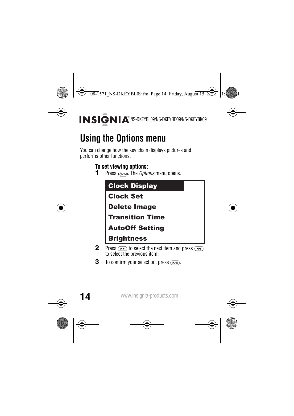 Using the options menu | Insignia NS-DKEYBL09 User Manual | Page 16 / 36