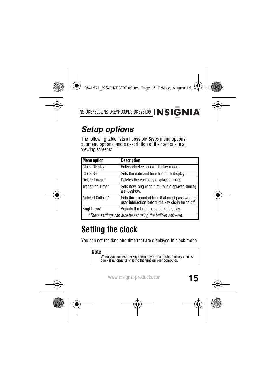 Setting the clock, Setup options | Insignia NS-DKEYBL09 User Manual | Page 17 / 36