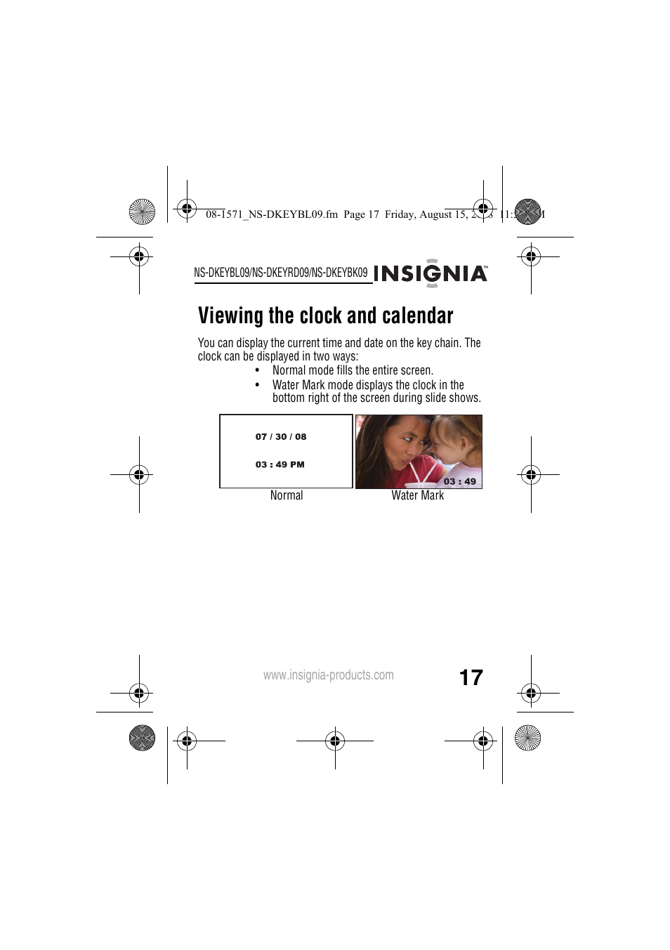 Viewing the clock and calendar | Insignia NS-DKEYBL09 User Manual | Page 19 / 36