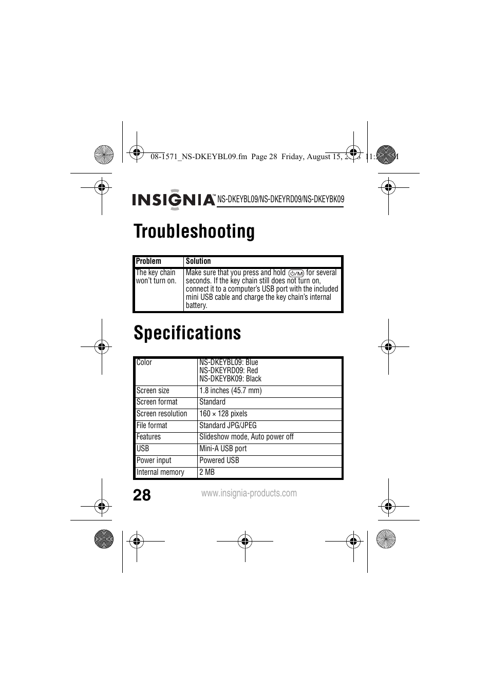 Troubleshooting specifications | Insignia NS-DKEYBL09 User Manual | Page 30 / 36