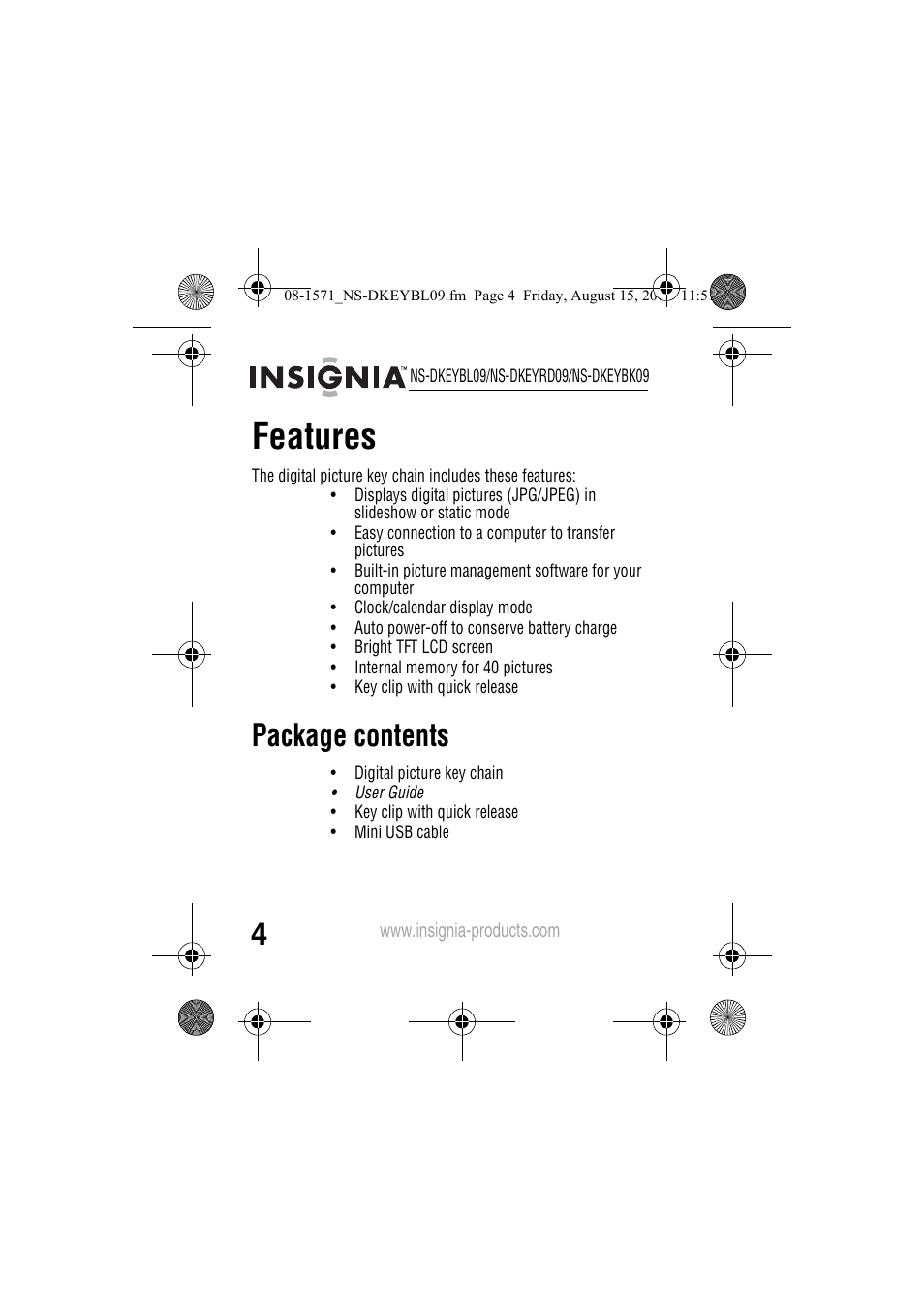 Features, Package contents | Insignia NS-DKEYBL09 User Manual | Page 6 / 36