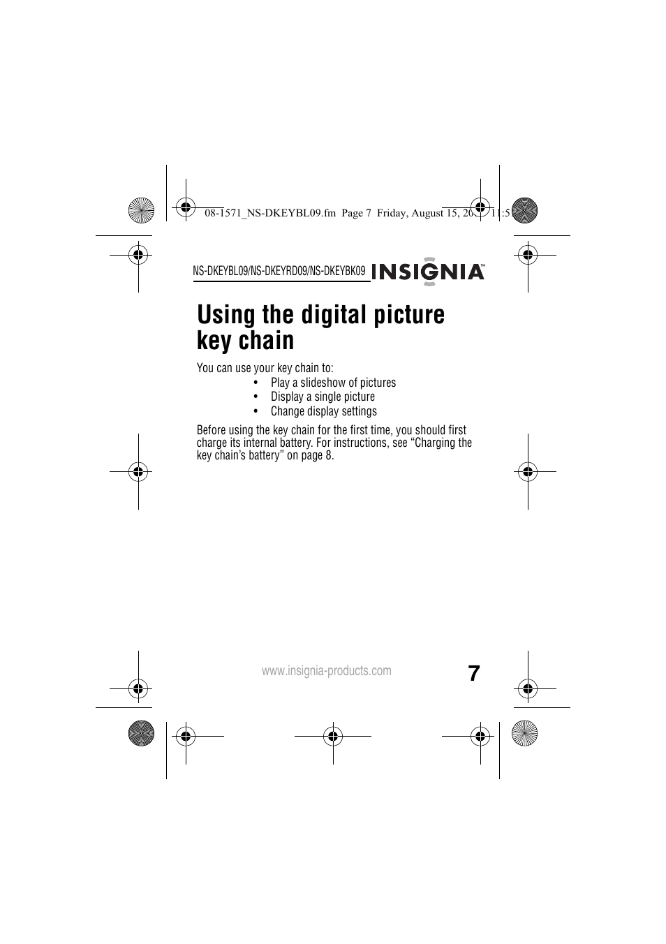 Using the digital picture key chain | Insignia NS-DKEYBL09 User Manual | Page 9 / 36