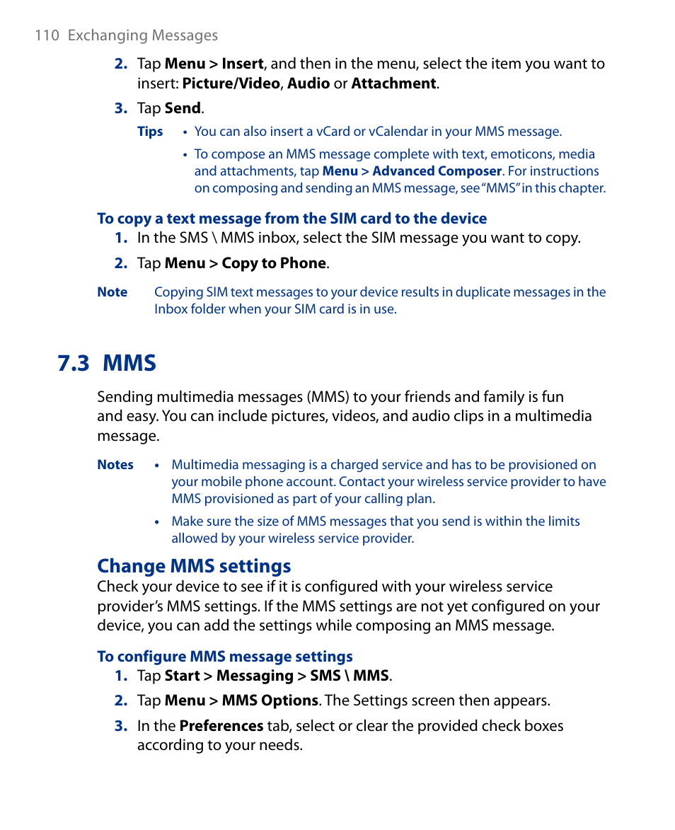 3 mms, Change mms settings | Insignia X7510 User Manual | Page 110 / 241