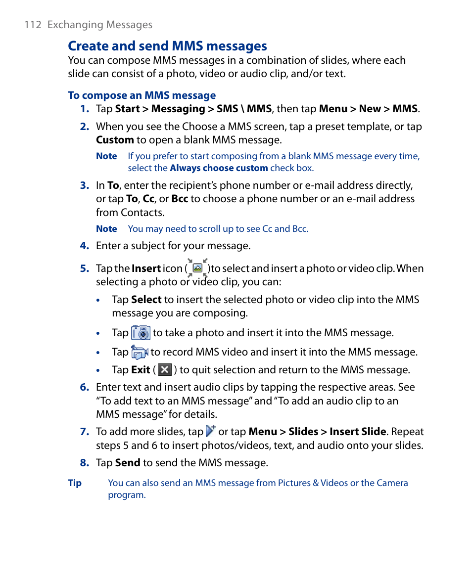 Create and send mms messages | Insignia X7510 User Manual | Page 112 / 241