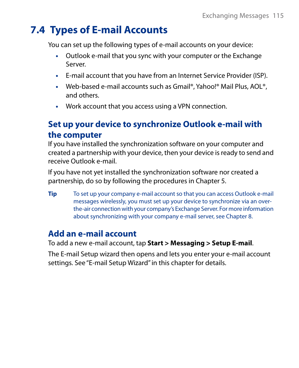 4 types of e-mail accounts, Add an e-mail account | Insignia X7510 User Manual | Page 115 / 241